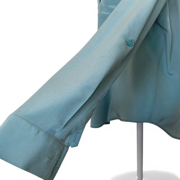 ANN TAYLOR Silk Blouse M Cornflower Blue Roll Tab Sleeve Chic Career Workwear - Picture 5 of 11